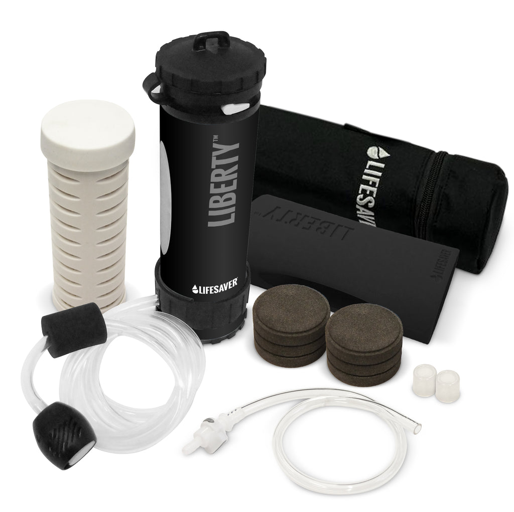 Lifesaver water filtration system components on a white background