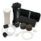 Lifesaver water filtration system components on a white background