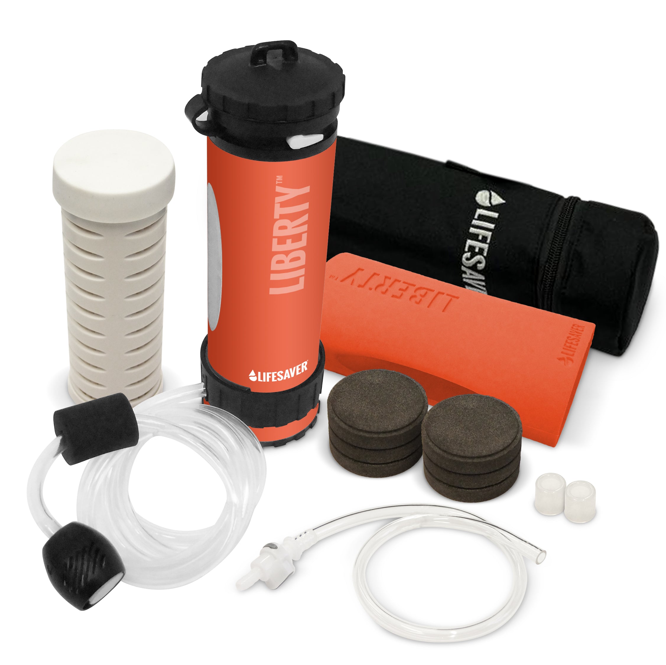 Lifesaver Liberty water filtration system with accessories on a white background