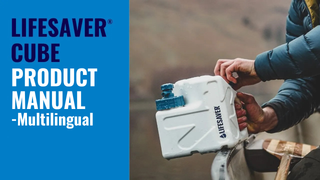 Lifesaver Cube product manual with a person holding the cube against a blurred outdoor background.