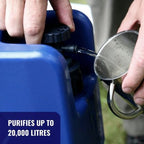 Person using a water filter system with a container of water, labeled 'Purifies up to 20,000 litres'.