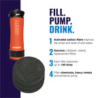 Lifesaver Liberty water filter with replacement carbon filters on a blue and white background