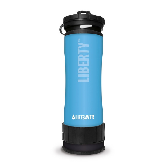 Blue Liberty bottle with black lid and 'Lifesaver' branding on a white background