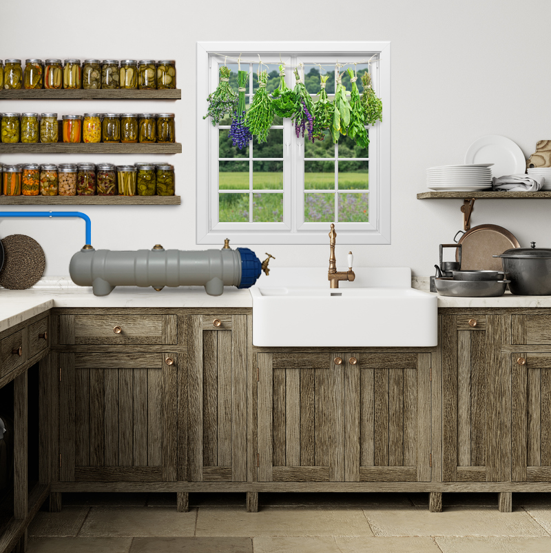 C1 water purifier set in Modern kitchen with wooden cabinets, white sink, and window with greenery outside