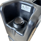 Black Jerrycan with black GU filter and warning label on a white background