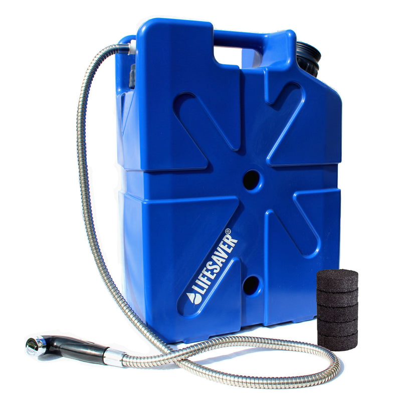 Load image into Gallery viewer, Blue water filter system with hose and cartridges on a white background
