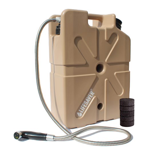 Beige Jerrycan with hose and filter on a white background
