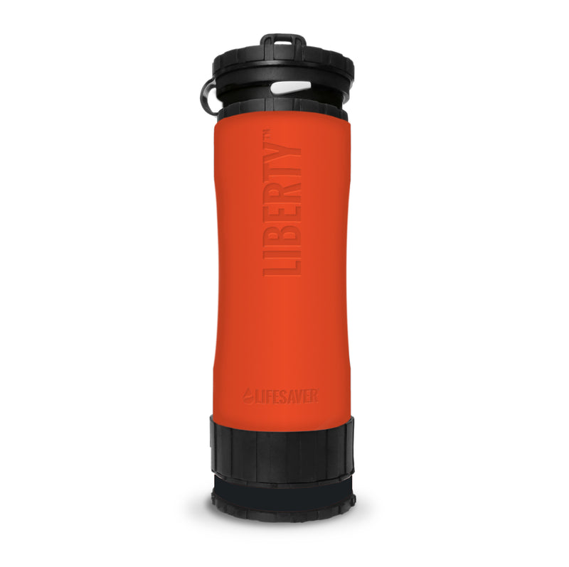 Load image into Gallery viewer, Orange water bottle with black lid and 'Lifesaver' branding on a white background
