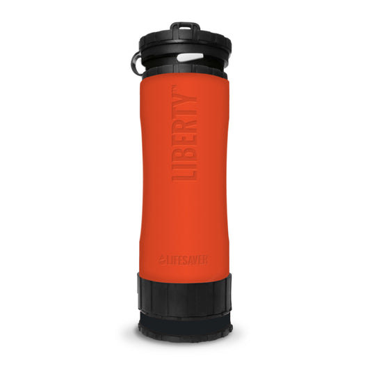Orange water bottle with black lid and 'Lifesaver' branding on a white background