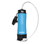Blue Liberty LifeSaver water filter on a white background with a hydration bladder connector