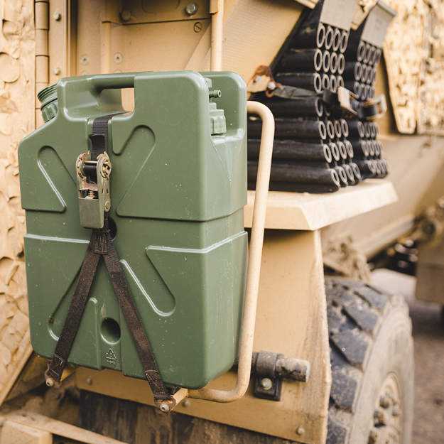 Green LifeSaver Jerrycan attached to a military vehicle