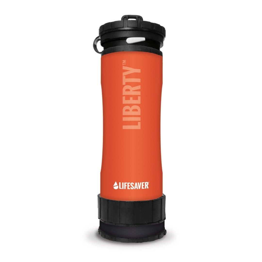 Orange Liberty bottle with black lid and 'Lifesaver' branding on a white background