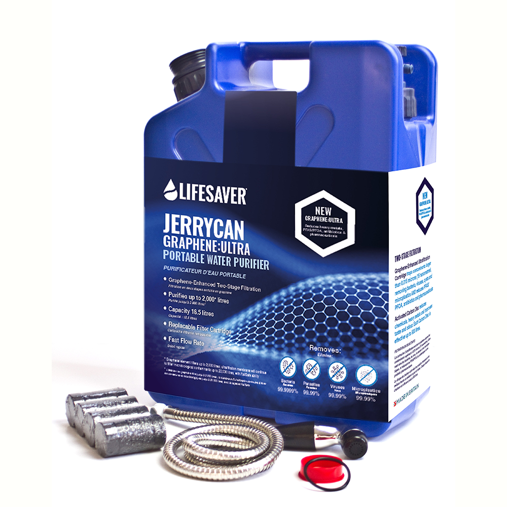 Lifesaver Jerrycan Graphene Ultra portable water purifier with accessories on a white background