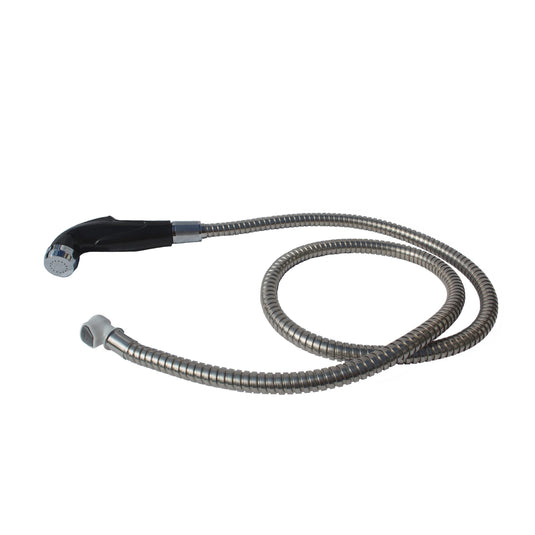 Shower head with flexible hose on a white background