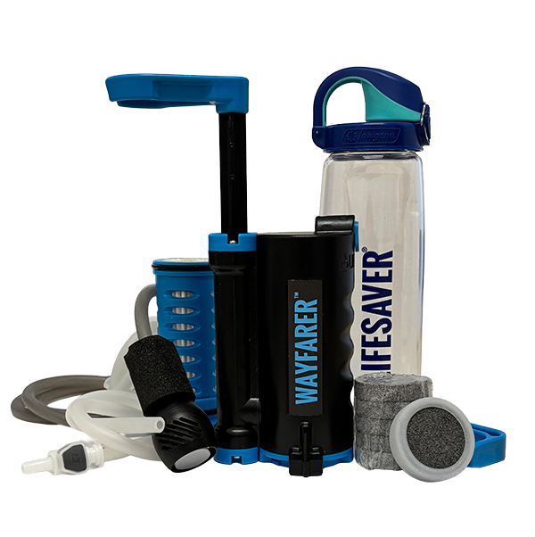 Collection of outdoor gear including a water bottle, pump, and filters on a white background